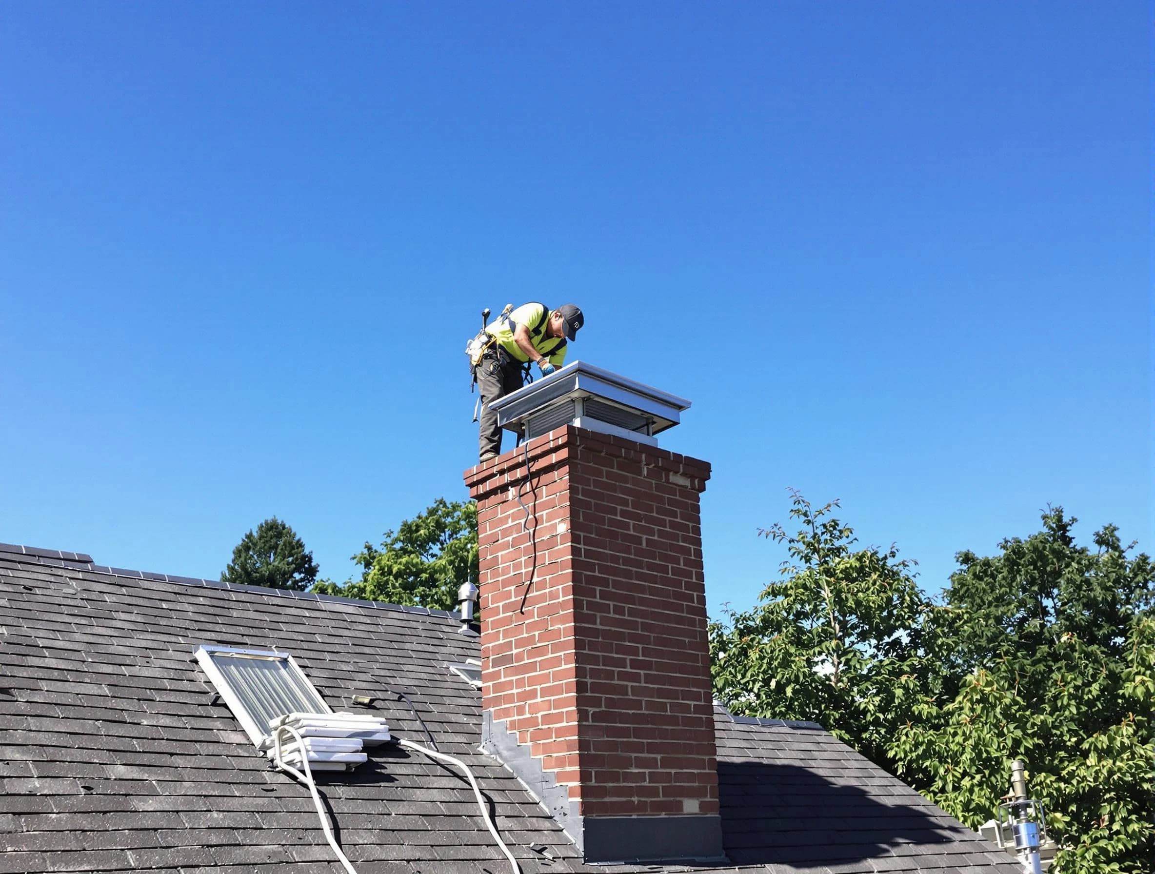 Covington Chimney Sweep technician measuring a chimney cap in Covington, GA