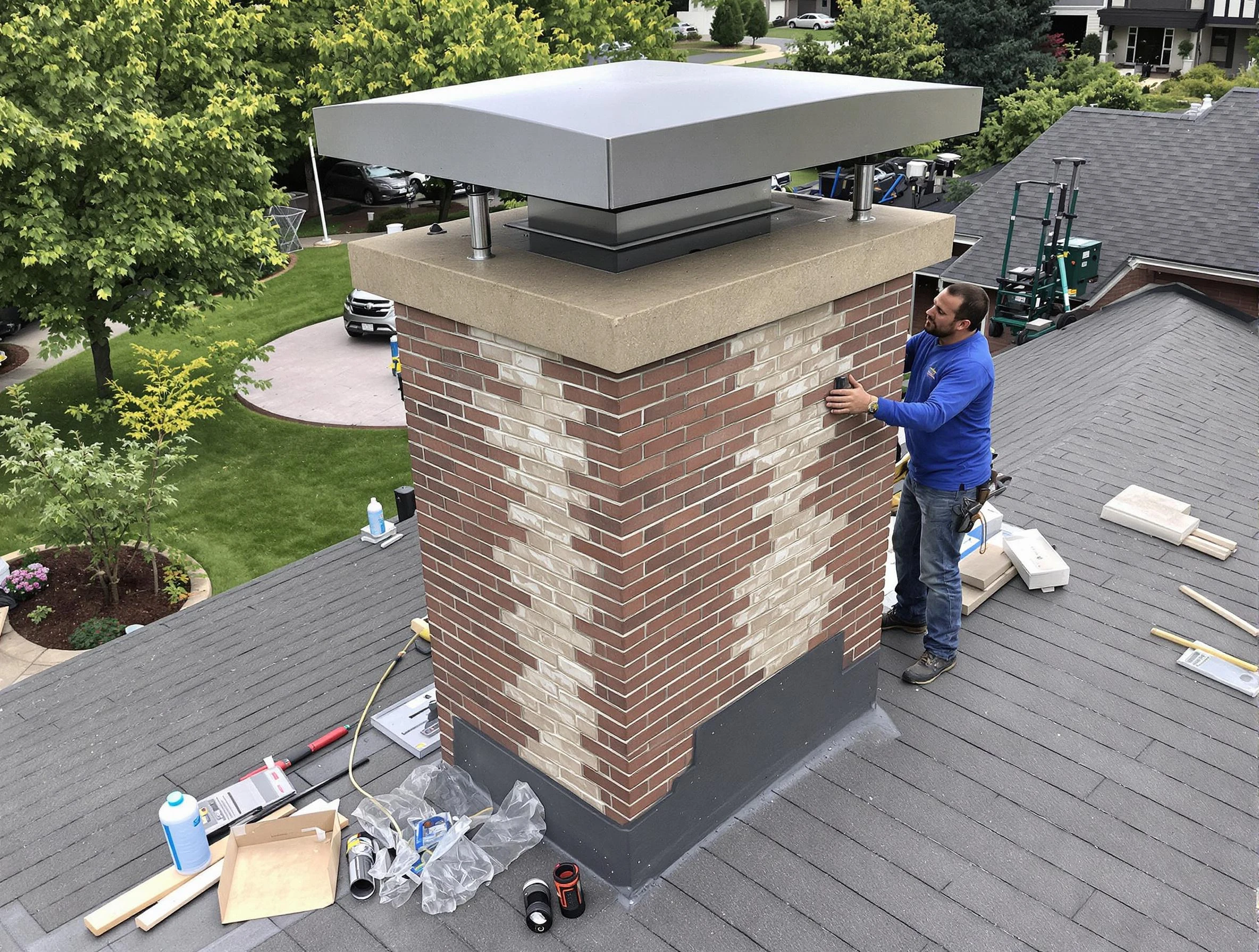 Covington Chimney Sweep team working on a custom chimney remodel in Covington, GA